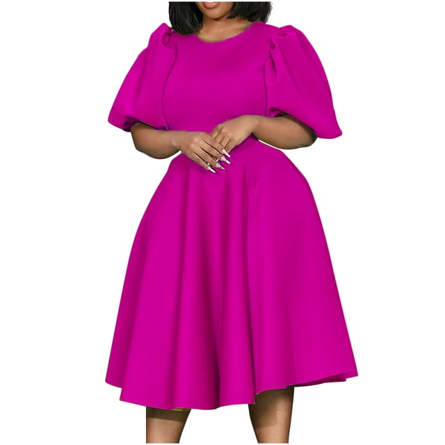 Pisexur Robes d'Invitée de Mariage pour Femmes à Manches Bouffantes, Robes Décontractées, Robe de Fête à Col en V à Motif Floral avec Poches, Robe de Cocktail, Unie, Grande Taille, Robes de Retour à la Maison