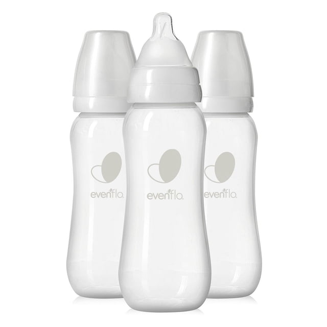 Bal+ Std Neck Baby Bottle (9oz 3pk) set of three clear bottles with white slow flow nipples and caps, featuring molded measurement markers in ounces and milliliters and an integrated one-piece vent to reduce colic and support healthy bottle feeding alongside breastfeeding.