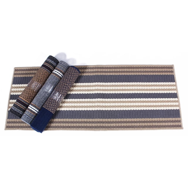 Tapis d'Accent Zèbre (Asstd) (3 Pieds X 5 Pieds) - Ensemble de 3 avec Motif Assorti à Rayures Multicolores en Fil beige, Marine, Gris et Blanc, Présenté avec un Tapis Plat et Trois Roulés, Idéal pour la protection du Plancher Intérieur et l'Utilisation Décorative dans les Aires de Vie.