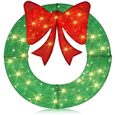 Gymax 48 Inch Pre-Lit Christmas Wreath w/ 200 LED Lights Red Bow Hanging Hooks