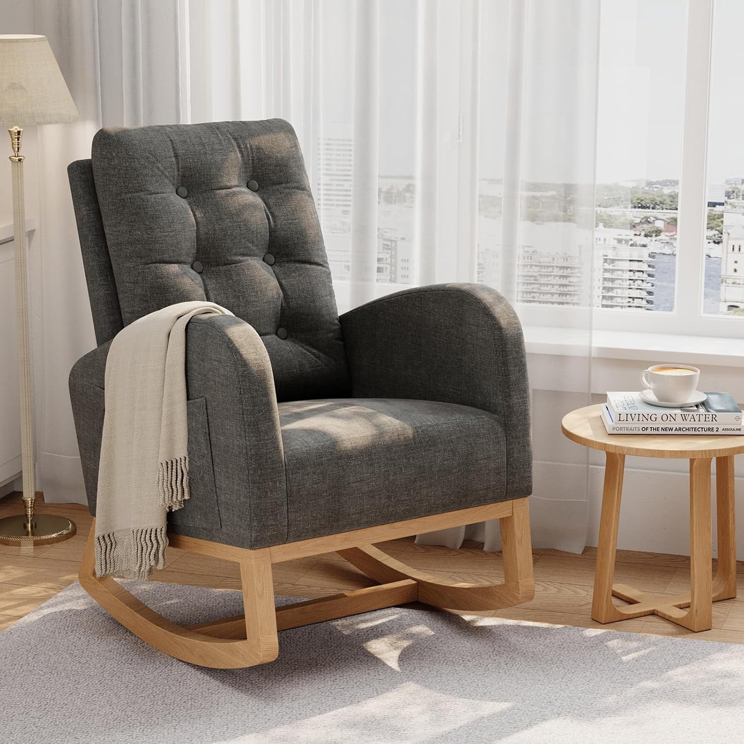 Twister.CK Modern Rocking Accent Chair, Upholstered Rocker Glider with Side Pocket, for Living Room, Bedroom, Nursing Room, Gray