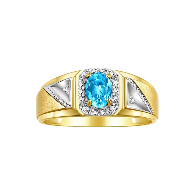 RYLOS Men's Rings 14K Yellow Gold Classic 7X5MM Oval Gemstone & Diamond Ring Blue Topaz December Birthstone Rings For Men Size 8
