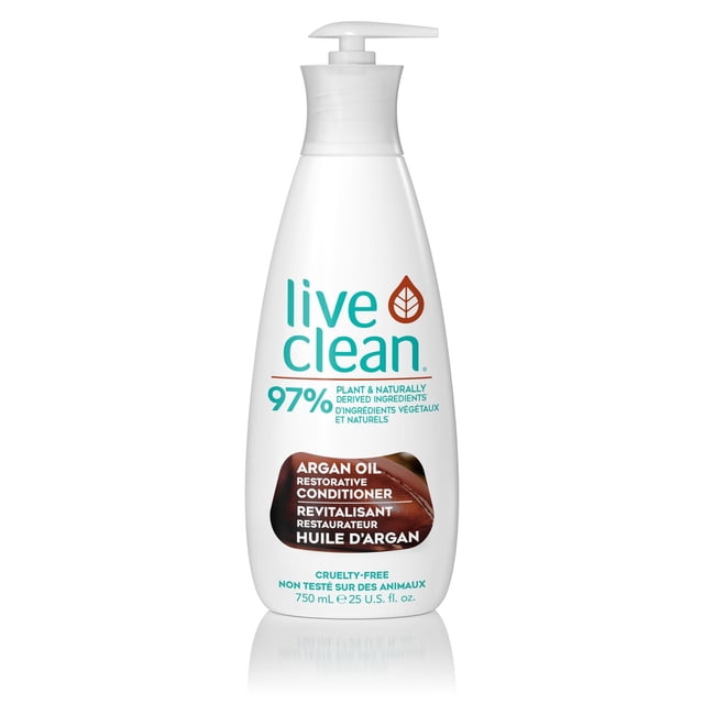 Live Clean Revitalisant Réparateur à l'Huile d'Argan en Bouteille à Pompe Blanche avec Texte Sarcelle et Brun, Comprenant 97 % d'Ingrédients d'Origine Naturelle et Végétale, une Formule Sans Cruauté et un volume de 750 ml (25 U.S. fl. oz), Idéal pour des Soins Capillaires Naturels et le Conditionnement afin de Restaurer l'Hydratation et la Brillance.