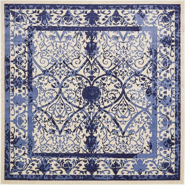 Unique Loom Tapis la Jolla Border Orné 8' x 8' Carré Bleu/ivoire