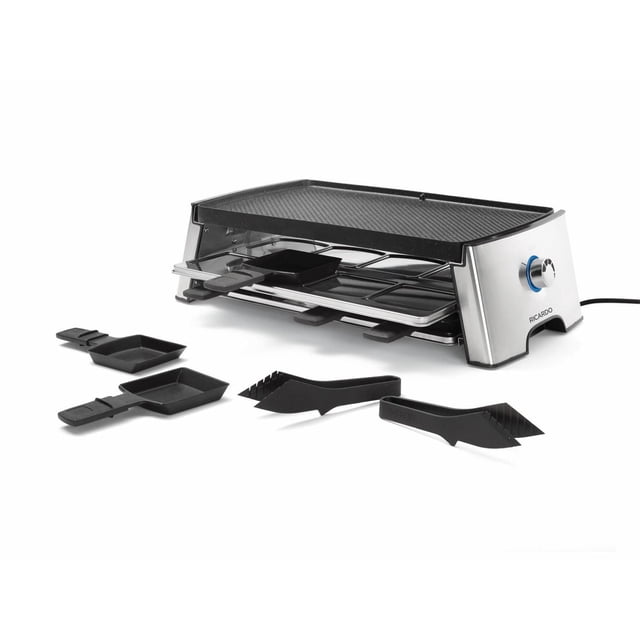 RICARDO Non-Stick Reversible Electric Raclette Set with 18 pieces for 8 persons, featuring a brushed stainless steel frame, The Rock reversible grill with ridged and smooth non-stick surfaces, 8 non-stick pans with handles, 8 heat-resistant scraper tongs, and a blue LED temperature control knob, suitable for grilling meats, vegetables, or melting cheese.