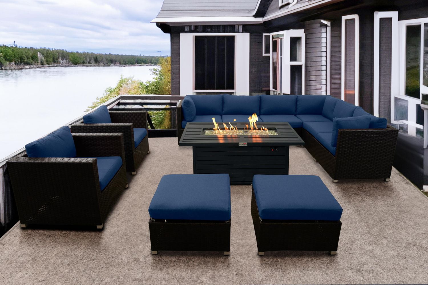 Innesbrook Collection Ensemble de conversation de patio en aluminium 11 pièces avec coussins bleu marine et table de feu rectangulaire