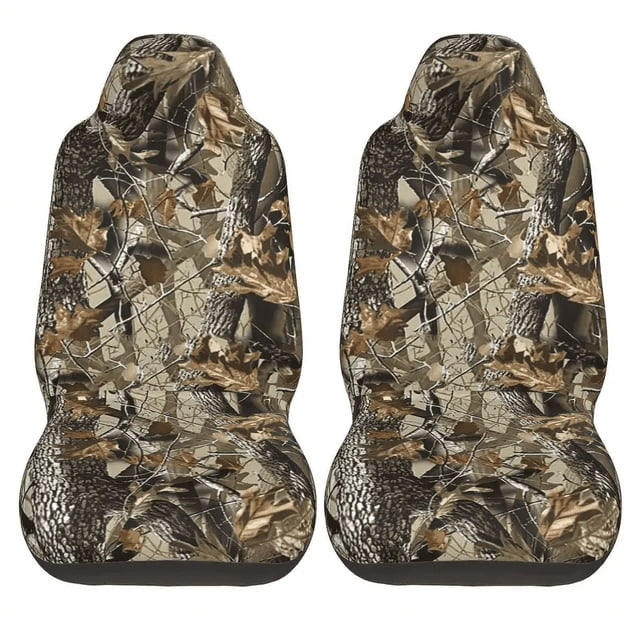 2pcs Hunting Camouflage Automotive Car Seat Covers Front Set, designed for universal fit high-back seats in cars, trucks, SUVs, and vans. Features durable polyester material with an all-season camouflage pattern, ideal for protecting seats and enhancing interior style. Suitable for machine washing or professional dry cleaning.