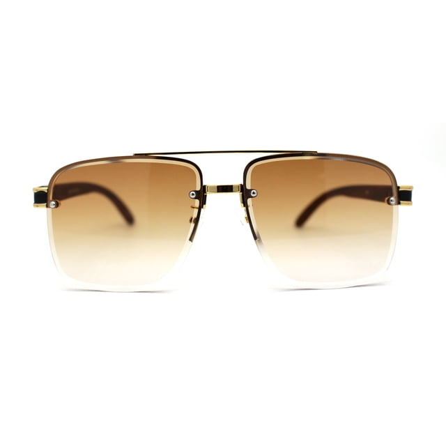 Mens Rectangle Double Bridge Half Rim Wood Grain Arm Mob Sunglasses in gold and brown. Designed for men, these sunglasses feature a classic silhouette with beveled lenses, premium alloy metal frame, reinforced hinges, and 100% UV400 polycarbonate lenses. Ideal for casual outings or beach days. Dimensions include 60mm lens width, 52mm lens height, 18mm bridge width, and 150mm temple length.