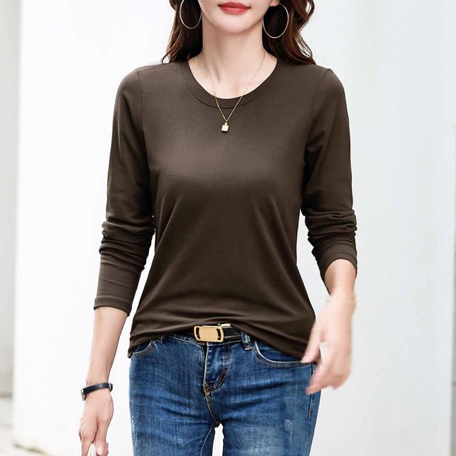 RXIRUCGD Hauts pour Femmes 2024 Col Rond Couleur Unie Chandail de Base Intérieur Haut/chemise à Manches Longues à Col Rond, Café, Taille : 2TG