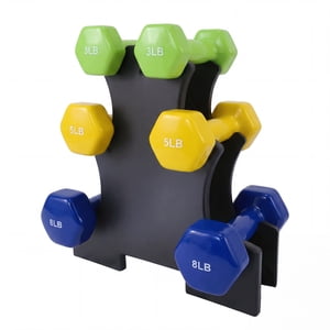 Hex Coated Dumbbells 3 Pairs 3/5/8 Lbs, Neoprene Anti-Slip Non-Roll Hand Weights with Rack, Full Body Fitness Equipment for Men Women Home Gym Use