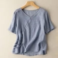 thumbnail image 1 of Meichang Hauts en Coton et Lin pour Femmes Décontractés d'Été à Manches Courtes à Col Rond T-Shirts Rétro Coupe Ample T-Shirts Unis Fluides Blouses Courtes de Vacances Bleu G, 1 of 4