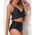 thumbnail image 4 of Women Two Piece Swimsuits High Waisted Ruffle Flounce Bikini V Neck Tummy Control Bathing Suit Solid Black (M, 4 of 6