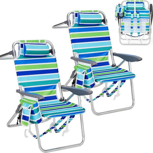 Garvee 2 Pack Portable Beach Chair with Adjustable Backrest & Cup Holders, Ocean Striped