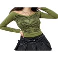 thumbnail image 4 of Women Close-fitting Pullover T-shirts Autumn Spring White Printed Pattern Long Sleeve V-neck Tops Green M, 4 of 8