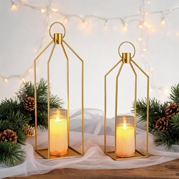 Ensemble de 2 Lanternes Décoratives à Bougies avec Télécommande et Minuterie, Lanternes en Métal de 48 et 56 cm avec Bougies DEL Sans Flamme, Lanternes Suspendues à Piles pour Mariage, Décoration de Terrasse, Halloween et Noël, Doré