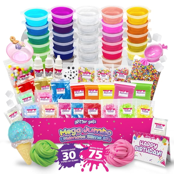 Ensemble de Slime Jumbo Méga de 75 Pcs pour Fête d'Anniversaire pour Filles de 6 7 8 9 10, 11 et 12-30 Ans, Trousse de Slime DIY Souple, Gels de Slime Colorés, Nuage, Transparent, Beurre, Pailleté, Croustillant et Kits de Fabrication de Slime Phosphorescent