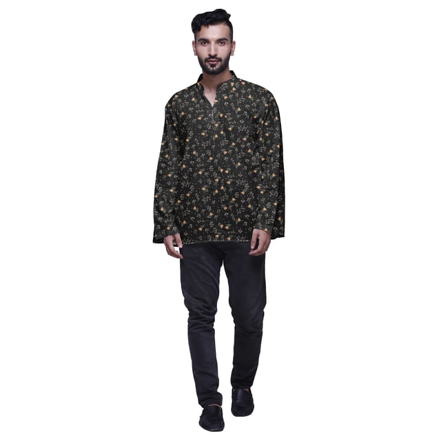 Atasi Kurta Décontractée Imprimée à Col Chinois Chemise Ethnique Kurta Courte pour Homme Tunique