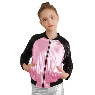 Yartina Kids Girls Shiny Sequin Long Sleeve Bomber Jacket Coat Hip Hop Latin Jazz Dance Tops Outerwear Disco Party Costume Pink 12