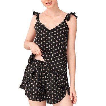 B91xZ Ensemble de Détente pour Femmes Manches Courtes 2 Pcs Pyjama en Soie Boutonné Ensemble de Détente Shorts, Noir G