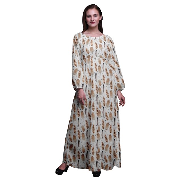 Bimba Robe Maxi à Manches Longues pour Femmes en Georgette Mousse Imprimée de Plumes d'Aigle, Taille Élastique - Moyen
