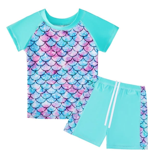 Girls Rash Guard 2-Piece Swimwear Fish Scale Pattern Swimwear Upf 50+ Uv for 4-12Y
