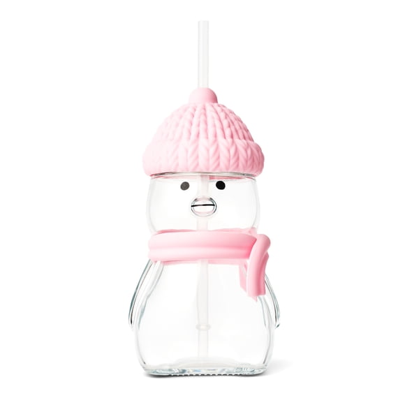 Gobelet de pingouin en verre TAL 532 ml (18 oz) avec paille, couvercle et chapeau en silicone amovible, rose, idéal pour les boissons froides pendant les fêtes.