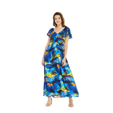 Robe Longue Hawaïenne à Manches à Volants pour Femme Bleu Coucher de Soleil