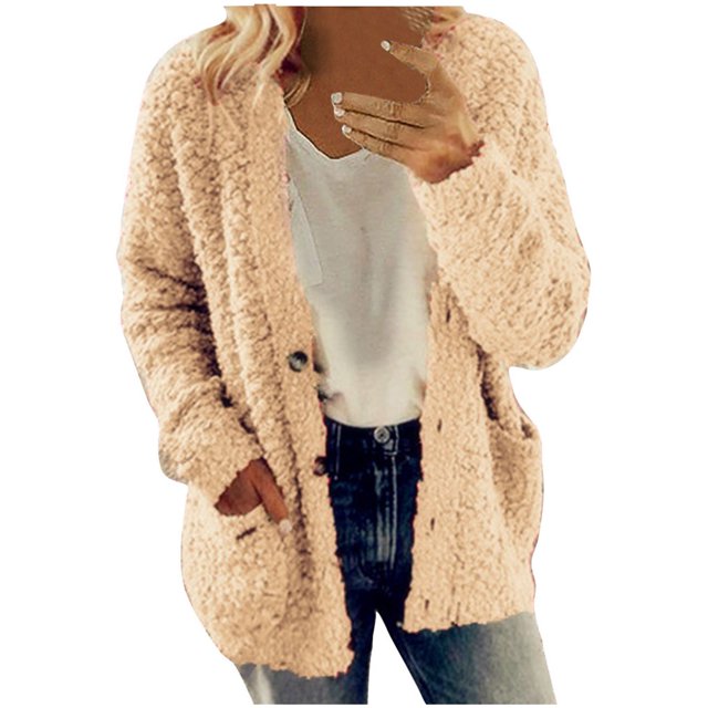 LSLJS Women's Button Cardigans Plus Size Long Sleeve Open Front Sweater Outerwear Plush Coat