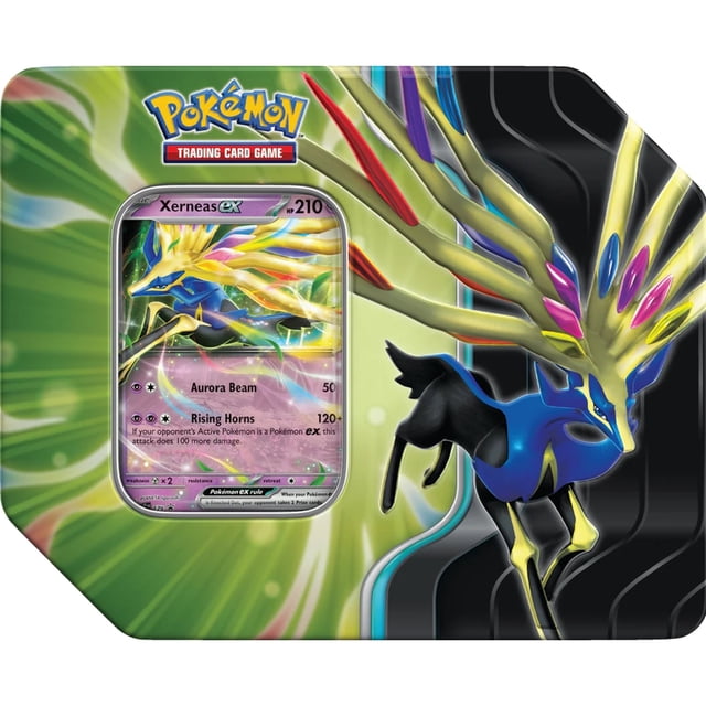 Pokemon TCG: Scarlet & Violet - Azure Legends Tin featuring Xerneas ex. The tin includes a foil promo card of Xerneas ex, five Pokémon TCG booster packs, and a code card for Pokémon TCG Live. Perfect for trading card collectors and competitive players.