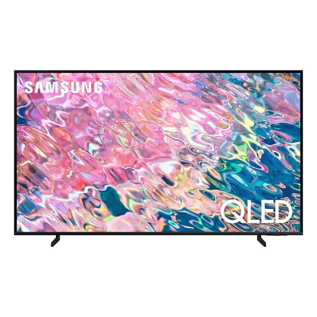 Samsung Téléviseur Intelligent QLED 4K Ultra HD - Q60B avec Cadre Noir Mince et Pattes Doubles, Affichant un Motif Abstrait vibrant en Rose, Violet, Bleu et Sarcelle, Doté de la Technologie Quantum Dot et d'Un Hub Intelligent pour une Vision Améliorée.