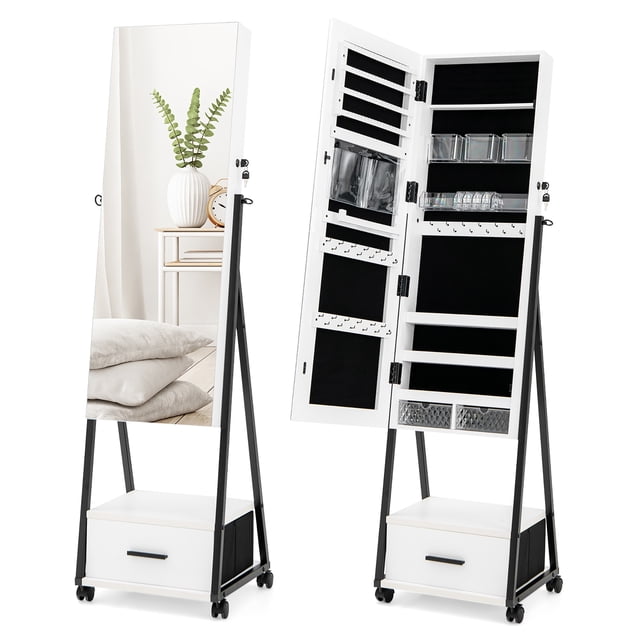Costway Armoire à Bijoux Armoire Pleine Longueur avec Miroir Verrouillable avec Tiroir Inférieur et Roulettes. Cette Armoire à Bijoux Présente une Armoire en MDF Blanche avec Cadre en Acier, un Miroir Pleine Longueur et Plusieurs Compartiments de Rangement pour Bijoux et Maquillage. Comprend des Crochets, des Fentes, des Tiroirs et des Poches Doublées de Velours pour Protéger les Articles. la Porte Verrouillable et les Roulettes Universelles Offrent Sécurité et Mobilité. Idéale comme Organisateur de Rangement pour Bijoux pour Chambres, Entrées Ou Vestiaires.