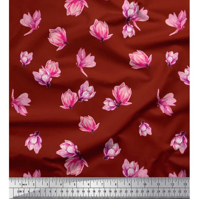 Soimoi Polyester Crepe Fabric Magnolia Floral Decor Fabric Printed Yard 52 Inch Wide