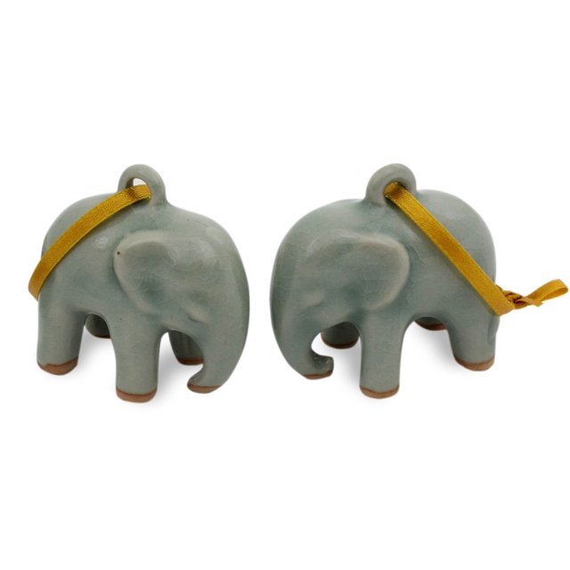 NOVICA Celadon Ceramic Handing Holiday Ornaments, Light Blue Elephant' (Pair)