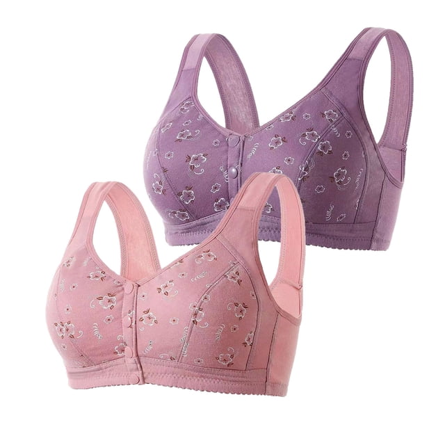 AherBiu 2pc Plus Size Bras for Women High Support Wireless Floral Bralettes Lift up Front Closure Button Everyday Bra