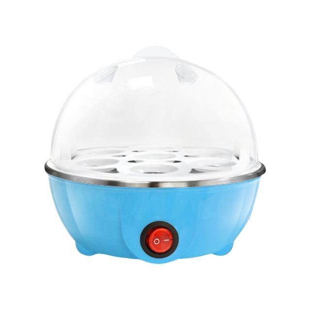 TopLLC Easy Egg Cooker Electric with 7-egg capacity, featuring a blue base and transparent dome lid. Includes a measuring cup and white separator for soft, medium, or hard-boiled eggs. BPA-free design with automatic shut-off for safety. Also suitable for warming milk or steaming vegetables.
