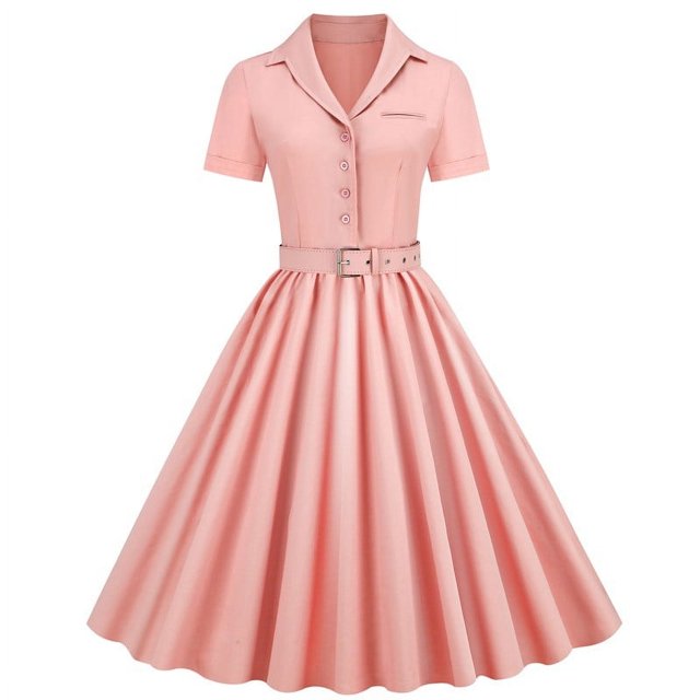AherBiu Robe Vintage pour Femmes des Années 1950 à Boutons, Col à Revers, Col en V, Manches Courtes, Chemise Plissée, Robe Midi de Soirée