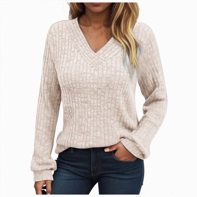 WUANDIXFA T-Shirts de Base pour Femmes Chandails à Manches Longues pour Femmes Tuniques à Col Rond Hauts Coupe Affaires Décontractée Automne Chandails Légers Vêtements Mode Beige,G