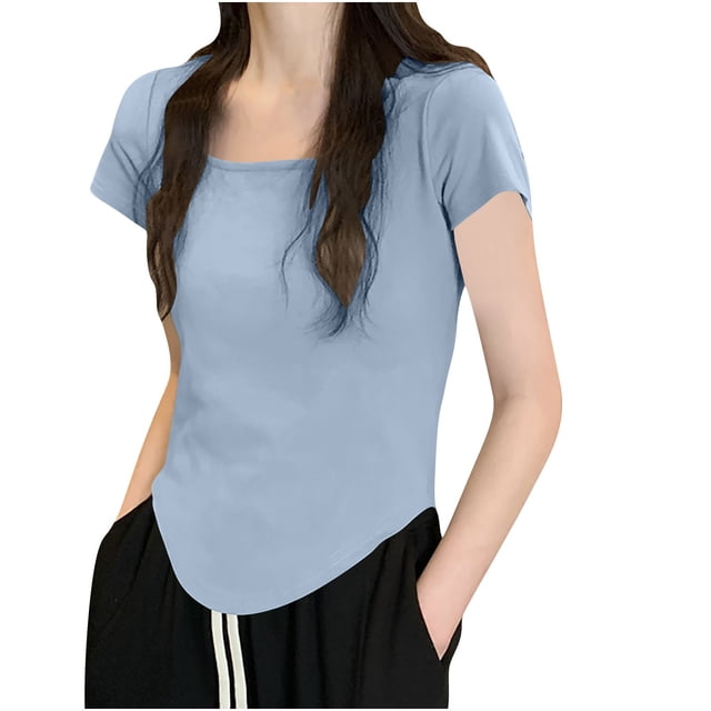 VSSSJ T-Shirts à Manches Courtes pour Femmes Col Rond Décolleté Plongeant Ourlet Irrégulier Tee Coupe Décontractée Été Décontracté T-Shirt Uni Bleu TG