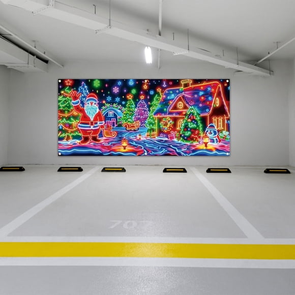 Bannière de Couverture de Porte de Garage de Noël Luit dans le Noir 2D Plate Porte de Garage des Fêtes avec Père Noël et Noël Décoration Extérieure Intérieure