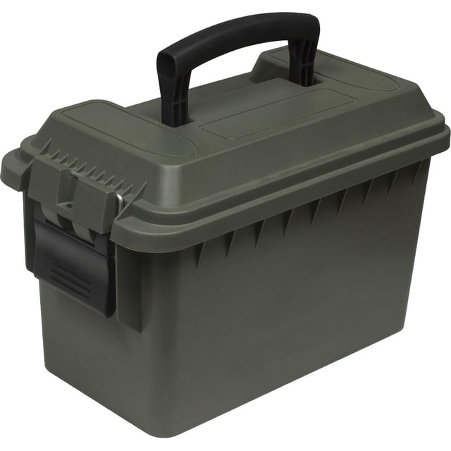 Mil-Spex 50 Cal Ammo Storage Case in a 3/4 view showing an olive green polypropylene box with a black handle and rubber gasket sealed lid for water resistance, measuring 13.75 by 7.5 by 8.75 inches, designed for secure ammunition storage and suitable for storing small tools or electronics during outdoor activities.