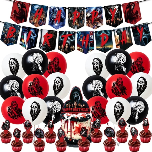 32 Pcs For Scream Cartoon Themed Party Decoration Set Includes Banner,Cake Topper,12 Cupcake Toppers,and 18 Balloons for Celebratory Occasions