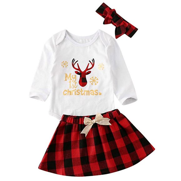 Christmas Girls Outfit Xmas Plaid Romper Tops Skirt Headband Set-12-18 Months-(Bmatwk)
