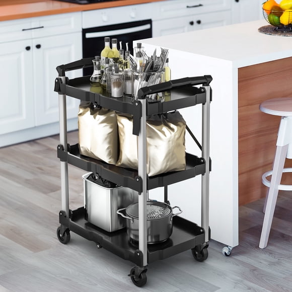 DEXTRUS 3-Tier Collapsible Utility Cart, 240 lbs Capacity, with 360° Swivel Wheels for Home, Garage, and Office