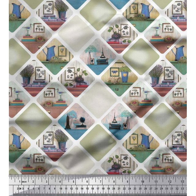 Soimoi Polyester Crepe Fabric Frame,Jug & Flower Pot Patchwork Print Sewing Fabric Yard 52 Inch Wide