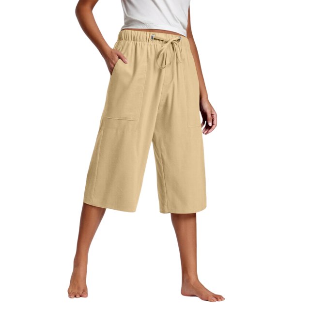 Kaemgyyd Womens Plus Size Capris Lounge Drawstring Cotton Linen Bermuda Shorts Flowy Wide Leg Beach Vaction Cropped Trousers
