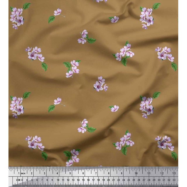 Soimoi Polyester Crepe Fabric Leaves & Azalia Floral Printed Fabric 1 Yard 52 Inch Wide