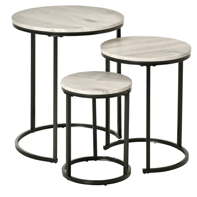 HOMCOM Ensemble de Tables Gigognes de 3, Comprenant des Tables Basses Rondes avec un Plateau en MDF à grain de Bois Gris et des Cadres en Acier Noirs. l'Ensemble Comprend Trois Tailles : Grand (Diamètre de 20 Pouces, Hauteur de 23,5 Pouces), Moyen (Diamètre de 15,75 Pouces, Hauteur de 19,75 Pouces) et Petit (Diamètre de 11,75 Pouces, Hauteur de 15,75 Pouces). Ces Tables Peuvent Être Utilisées Individuellement Ou Empilées pour Économiser de l'Espace. Conçues avec des Patins de Protection pour