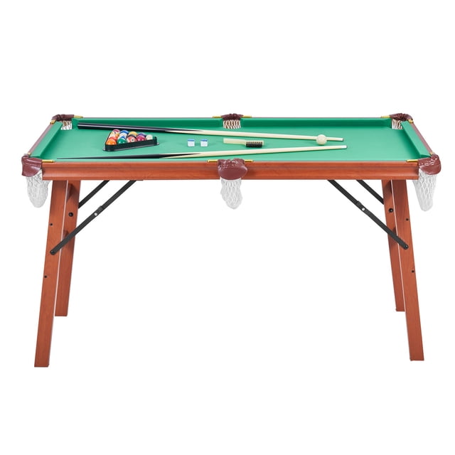 KFFKFF Folding Pool Table, 4.5 ft Portable Billiards Tables, Foldable Space-Saving Entertainment Game Set Includes Ball, Cue, Rack, Chalk, Brush, Brown with Bule Cloth