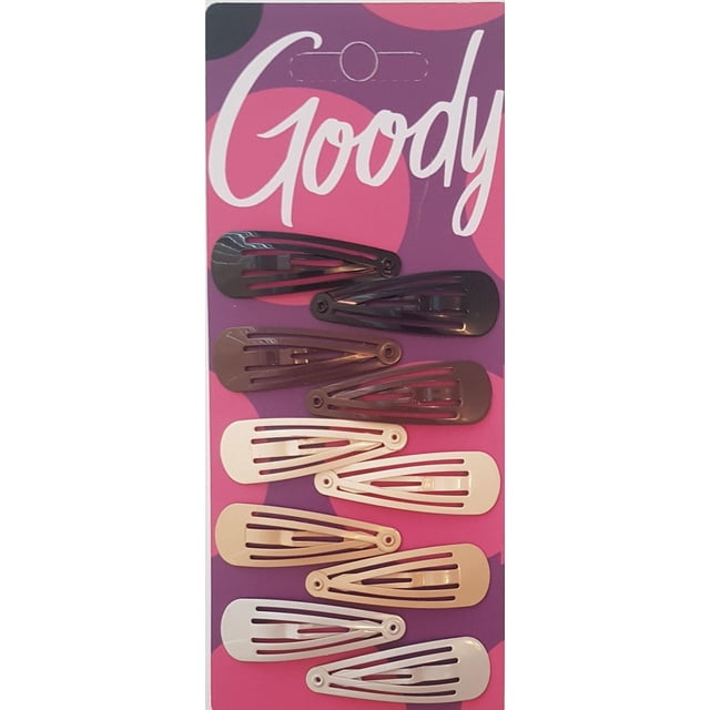 Goody Classics Cutout Metal Contours - 10Ct showing ten snap hair clips in black, brown, beige, and white on a purple and pink card with the Goody logo, made of durable metal for secure hold and easy styling, ideal for managing various hair types.