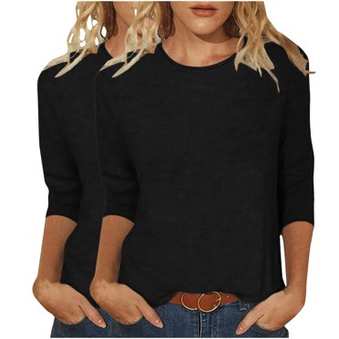 Timegard Womens 2pc Tops Crewneck 3/4 Sleeve Solid Color Basic Tee Shirts Fall Casual Loose Comfy Tops